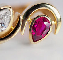 Load image into Gallery viewer, Vintage heavy solid 18K gold natural pear-shaped Diamond and Ruby cocktail ring
