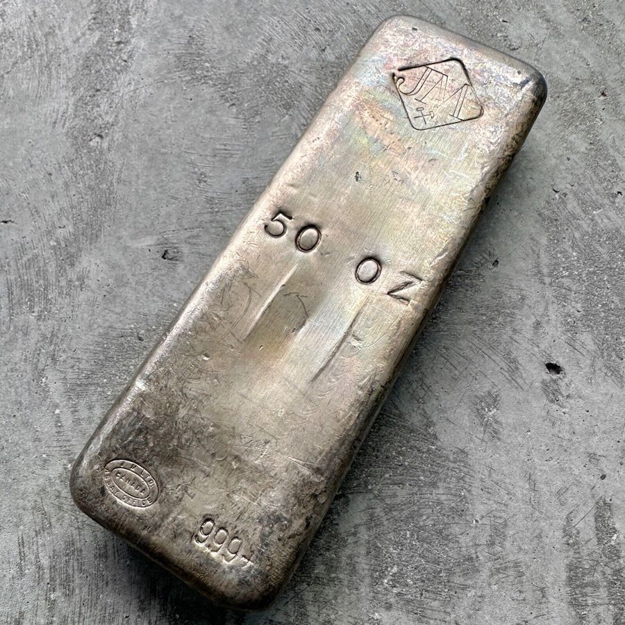 Vintage 50 oz .999 Silver Johnson Matthey Poured bar - Nice patina