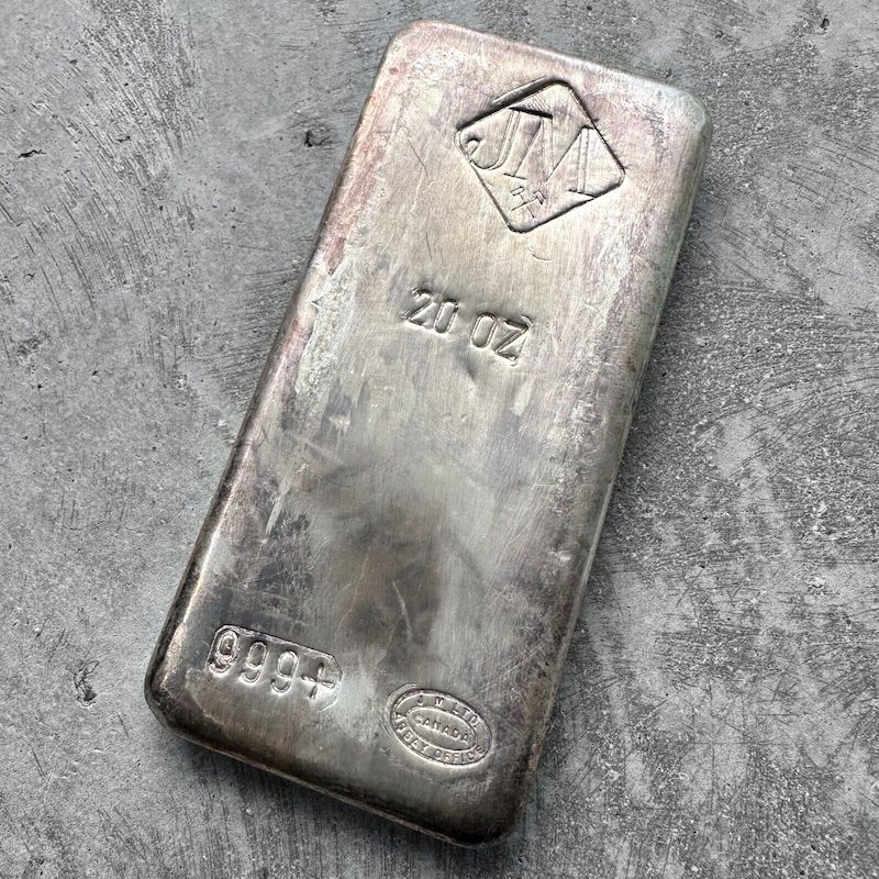 Vintage 20 oz .999 Silver Johnson Matthey Poured bar - Large Logo