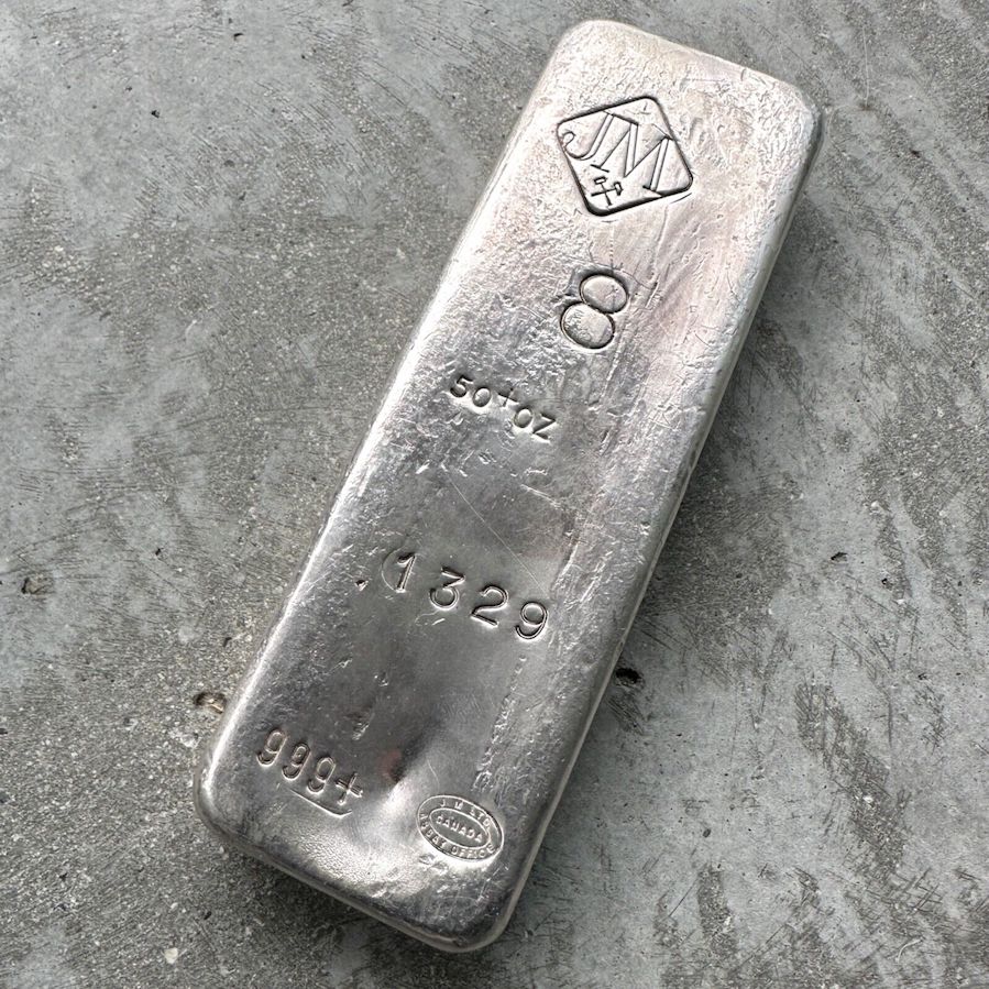 Vintage 50 oz .999 Silver Johnson Matthey Poured bar - With serial and '8'