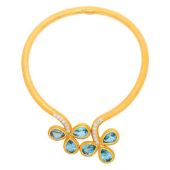Blue Topaz, Diamond 18K Gold Contoured Torc Necklace 128.8 Grams WEINGRILL
