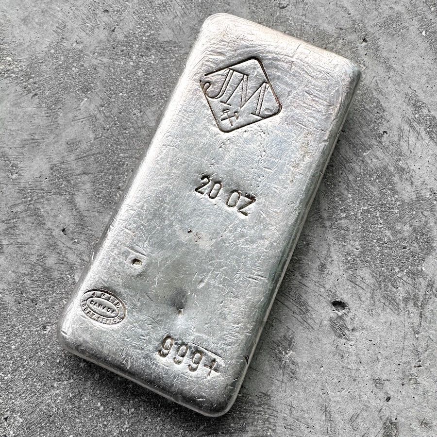 Vintage 20 oz .999 Silver Johnson Matthey Poured bar - Large Logo