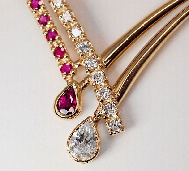 Vintage solid 14K gold crossover necklace with natural Rubies + Diamonds