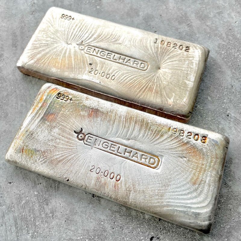 Pair Engelhard 20 oz .999 Silver Poured 20oz Bar - Pretty Pour lines + Patina