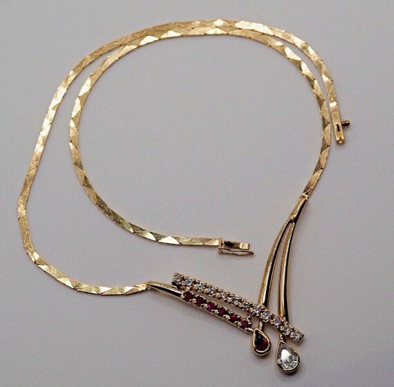Vintage solid 14K gold crossover necklace with natural Rubies + Diamonds