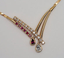 Load image into Gallery viewer, Vintage solid 14K gold crossover necklace with natural Rubies + Diamonds
