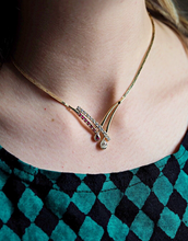 Load image into Gallery viewer, Vintage solid 14K gold crossover necklace with natural Rubies + Diamonds
