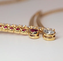 Load image into Gallery viewer, Vintage solid 14K gold crossover necklace with natural Rubies + Diamonds
