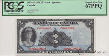 Load image into Gallery viewer, 1935 Canada French $2 Specimen BC-4S PCGS Superb Gem New 67PPQ
