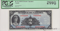 1935 Canada French $2 Specimen BC-4S PCGS Superb Gem New 67PPQ