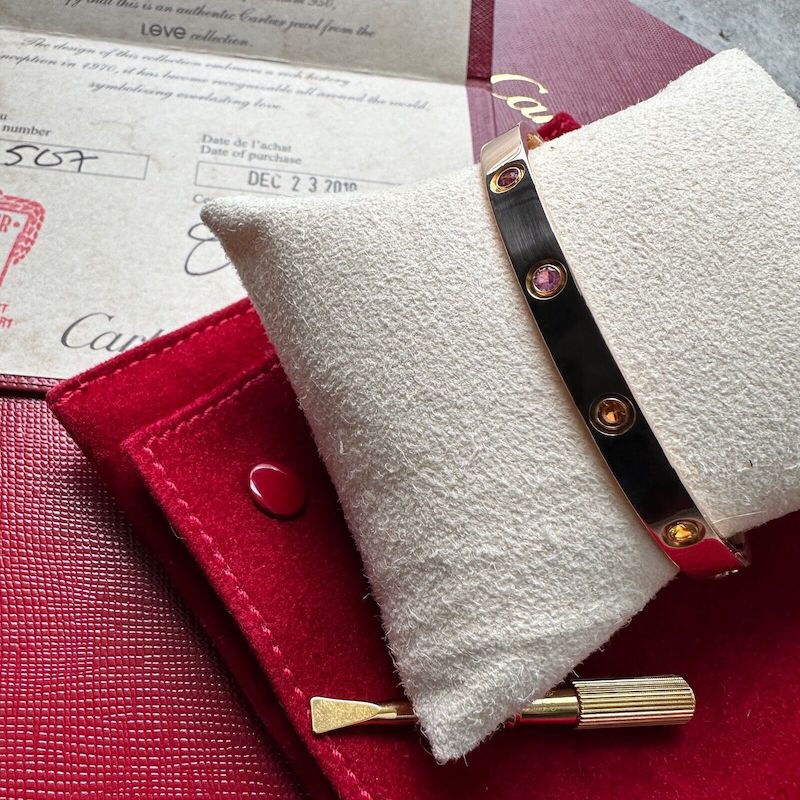 2019 Cartier 18k Rose Gold factory set Multi Gem Love Bangle Size 19