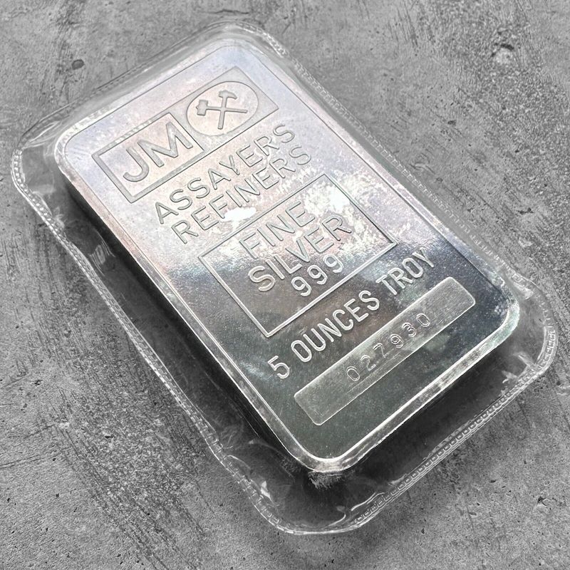 Vintage Johnson Matthey 5 oz .999 Silver bar - Plain Back - Sealed
