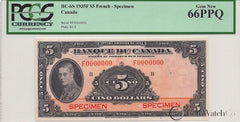 1935 Canada French $5 Specimen BC-6S PCGS Gem New 66PPQ