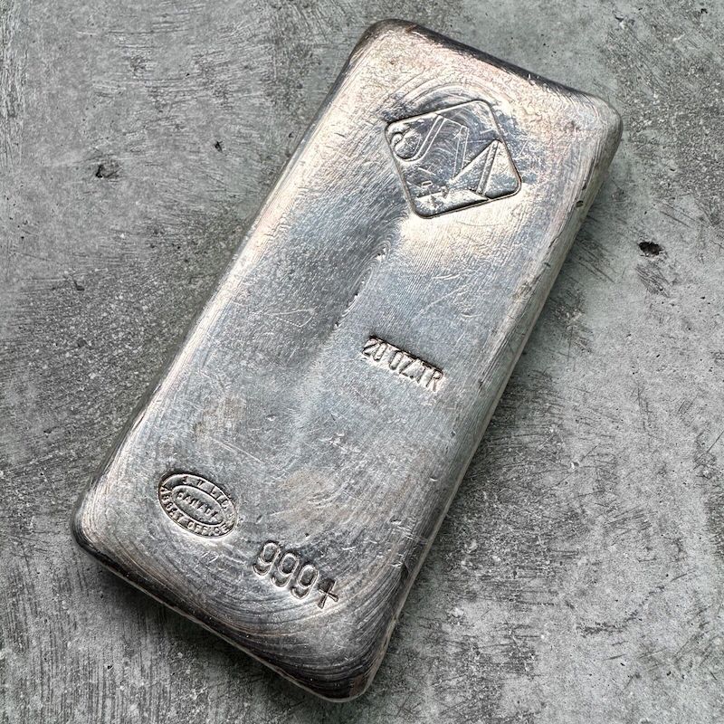 20 oz .999 Silver Johnson Matthey Poured bar - Nice Pour lines OZ.TR variety