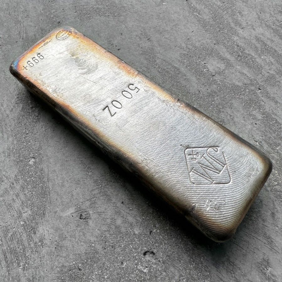 Vintage 50 oz .999 Silver Johnson Matthey Poured bar - Attractive Toning