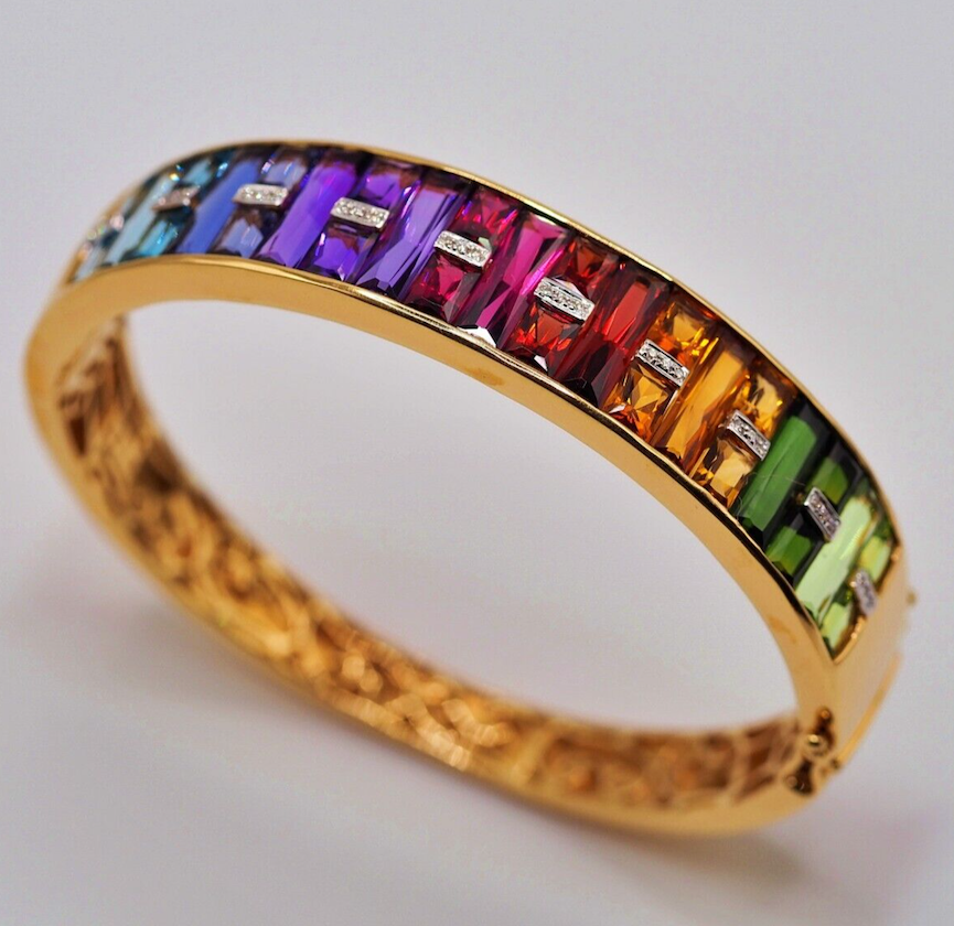Vintage solid 18k gold natural rainbow gemstone bracelet w/ small diamonds
