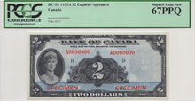 Load image into Gallery viewer, 1935 Canada English $2 Specimen BC-3S PCGS Gem New 67PPQ
