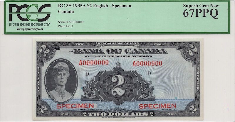 1935 Canada English $2 Specimen BC-3S PCGS Gem New 67PPQ