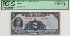 1935 Canada English $2 Specimen BC-3S PCGS Gem New 67PPQ