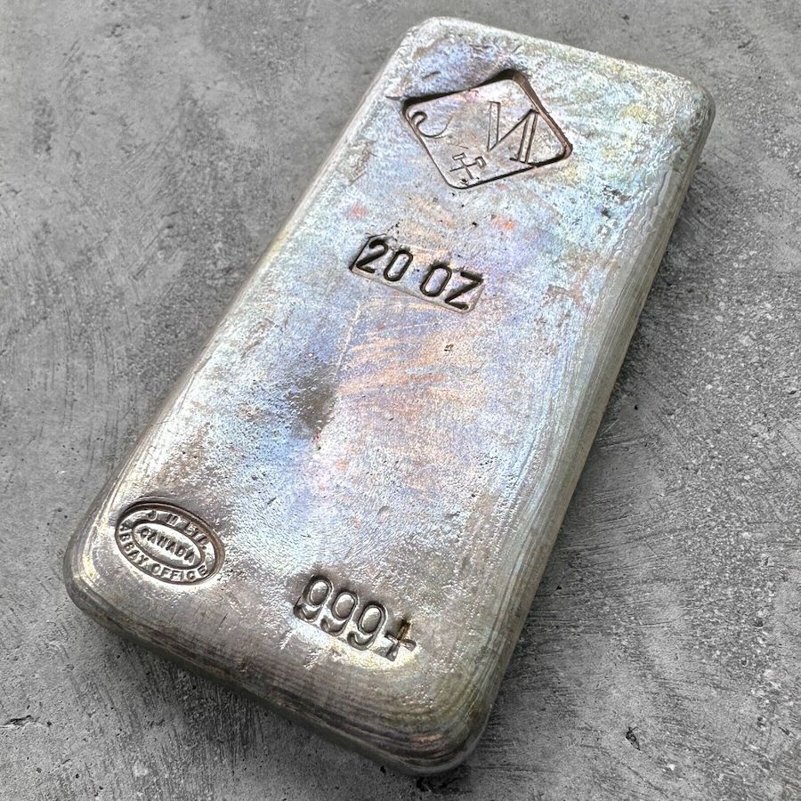 Vintage 20 oz .999 Silver Johnson Matthey Poured bar - Rainbow Toning