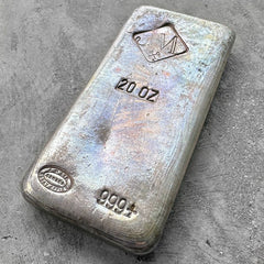 Vintage 20 oz .999 Silver Johnson Matthey Poured bar - Rainbow Toning