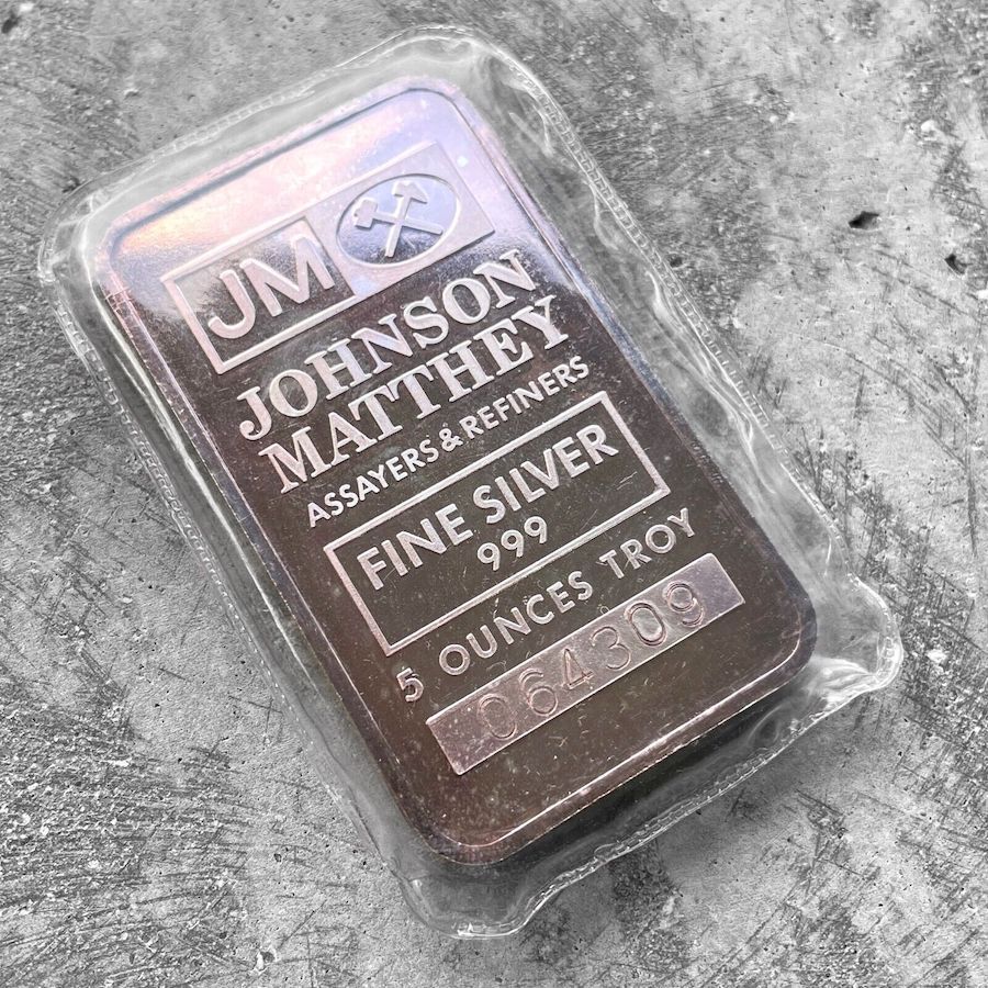 Vintage 5 oz Johnson Matthey .999 Silver 5oz Logo Sealed with attractive Patina