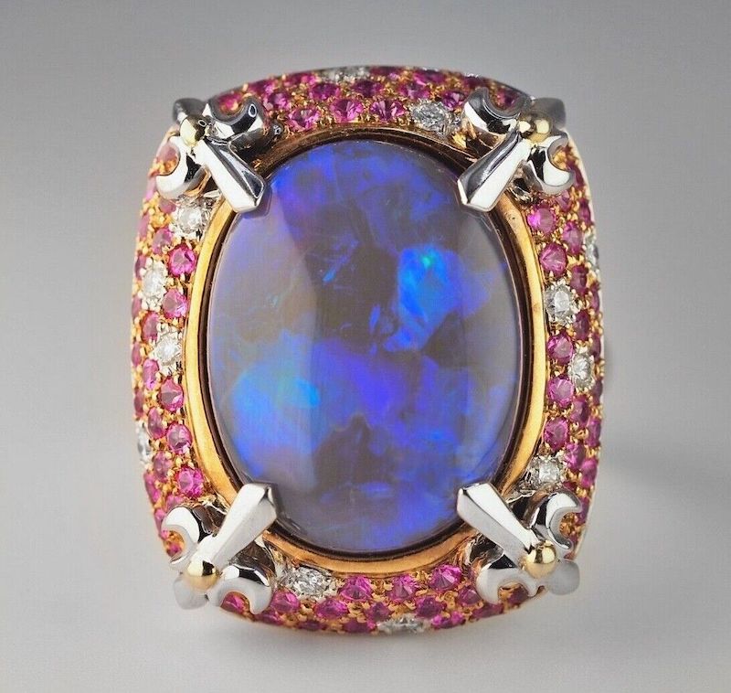 Solid 18K White Gold 15.85ct Black Opal Pink Sapphire + Diamond Ring - $18,000