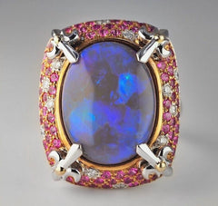 Solid 18K White Gold 15.85ct Black Opal Pink Sapphire + Diamond Ring - $18,000