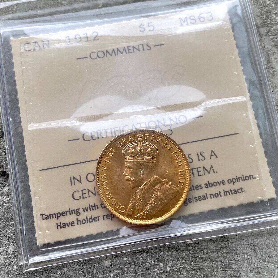 1912 Canada 5 Dollar Gold Coin - Attractive ICCS Choice Unc 63