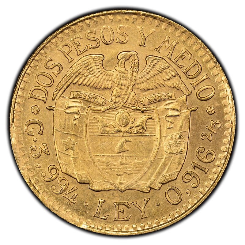 1927 Colombia 2 1/2 Pesos Gold Coin - Choie Une - Medellin