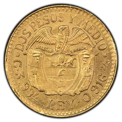 1927 Colombia 2 1/2 Pesos Gold Coin - Choie Une - Medellin
