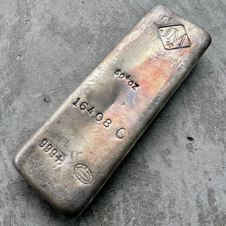 Vintage 50 oz .999 Silver Johnson Matthey Poured bar - C Serial + toning
