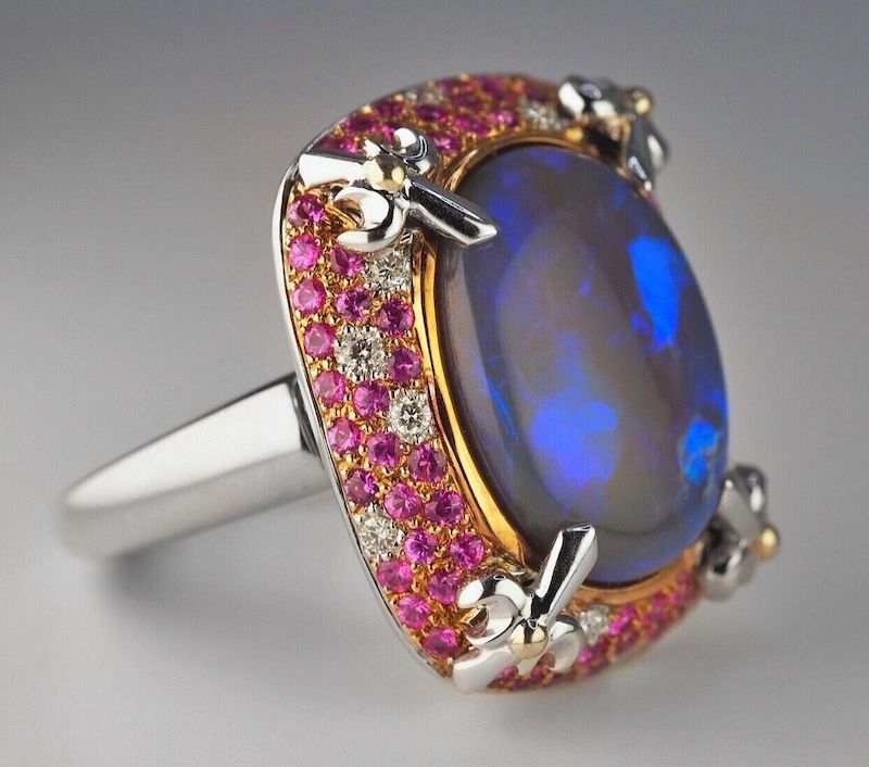 Solid 18K White Gold 15.85ct Black Opal Pink Sapphire + Diamond Ring - $18,000