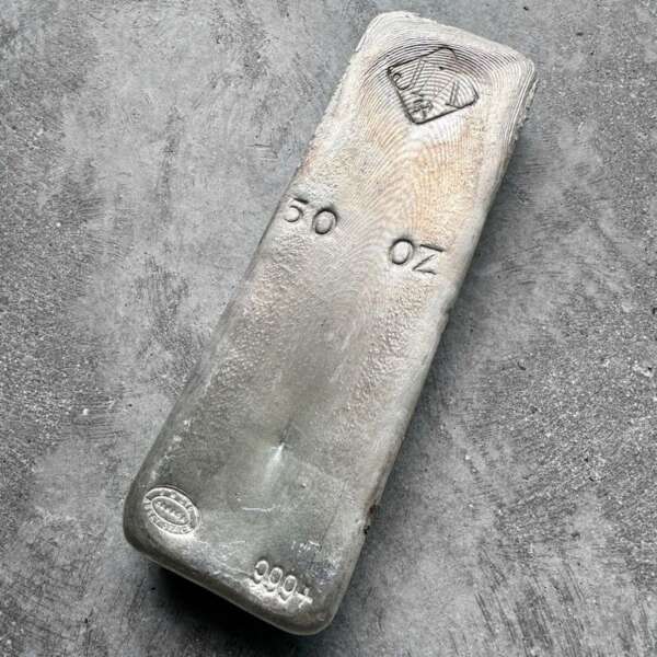 50 oz .999 Silver Johnson Matthey Poured bar - Stunning Pour Line!