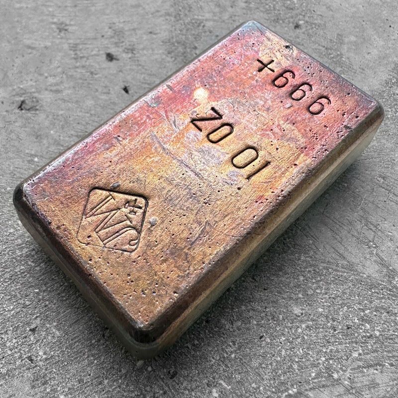 10 oz Silver Johnson Matthey Poured JM bar - Reverse Stamp + Incredible Toning