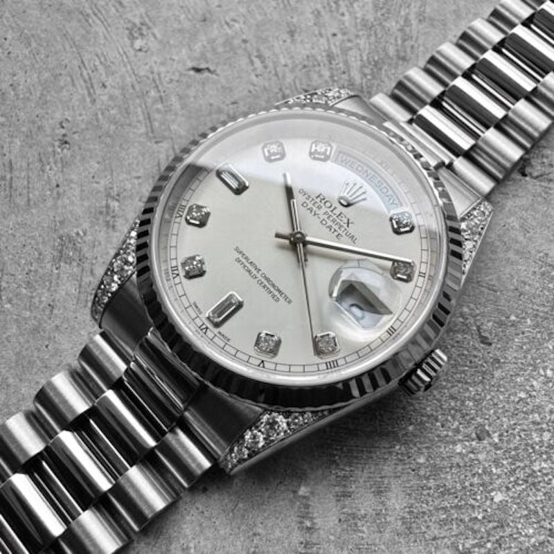 Rolex President White Gold 118339 - Factory Diamond Dial and Diamond Lugs!