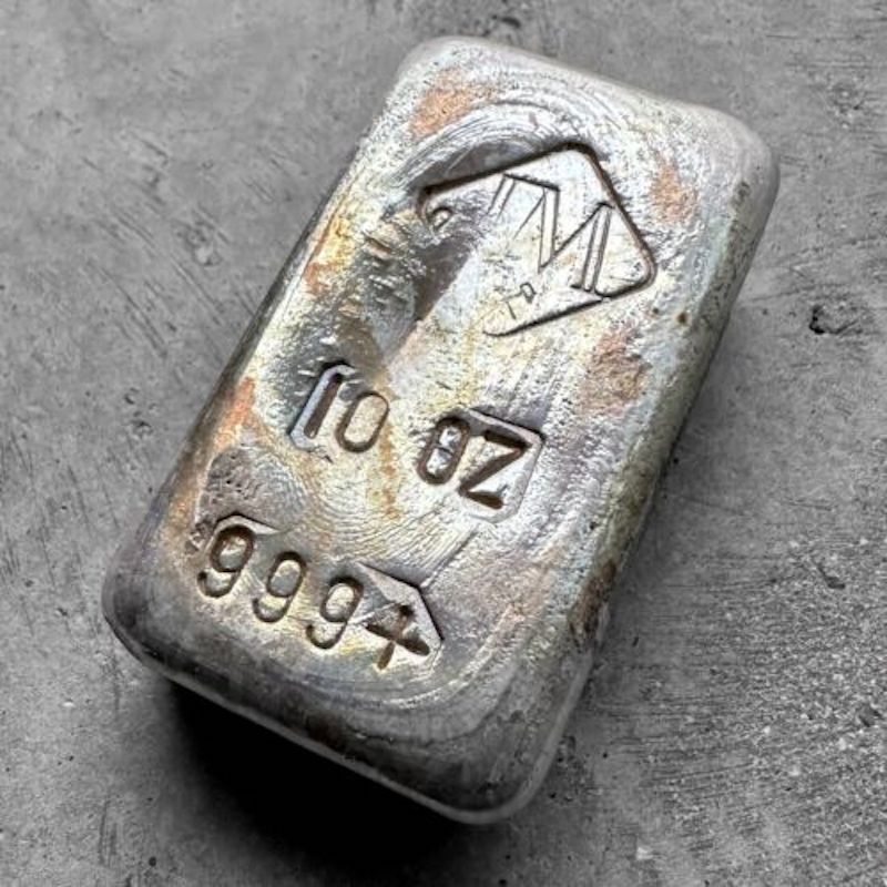 10 oz .999 Silver Johnson Matthey Poured JM bar - Large Logo with toning Patina!