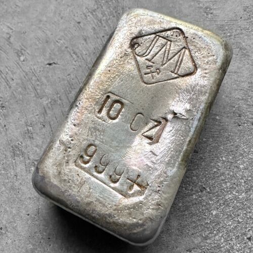 10 oz .999 Silver Johnson Matthey Poured JM bar - Large Logo with toning Patina!