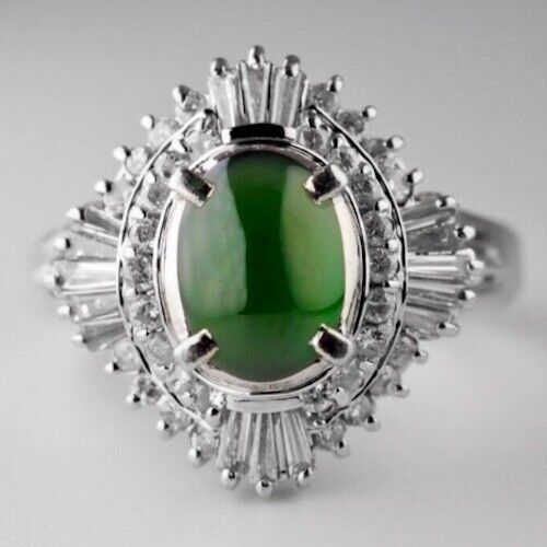 Platinum 0.54ct Natural Baguette Diamond and Jade cocktail Ring $7200 Appraisal