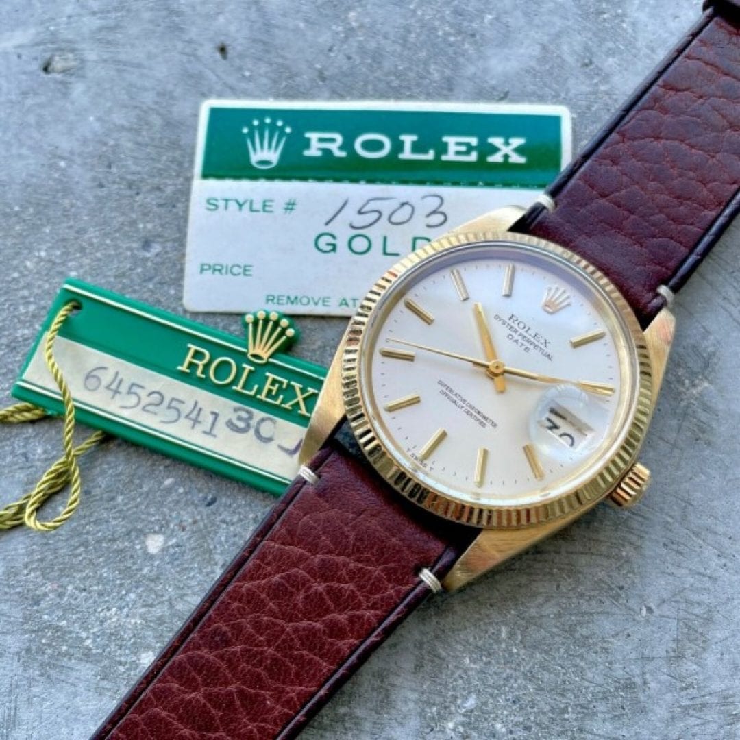 1980 Vintage Rolex Date Mens 14K Yellow Gold Watch Reference 1503 Hang Tag
