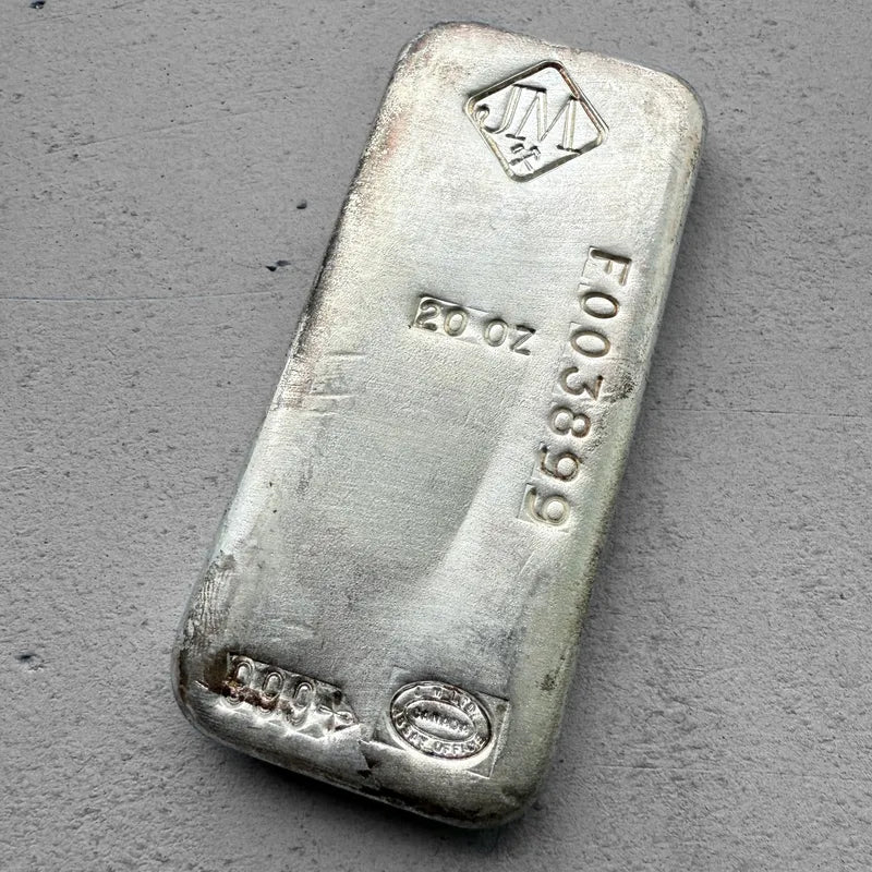 Vintage 20 oz .999 Silver Johnson Matthey Poured bar – F Serial