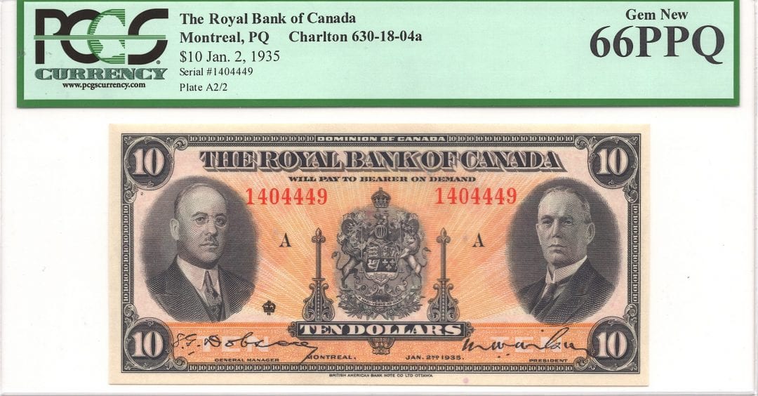 1935 Royal Bank of Canada $10 PCGS Gem UNC66 PPQ