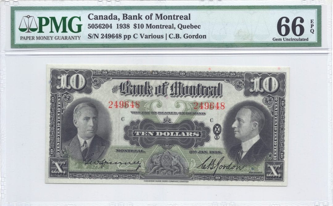 1938 Bank of Montreal $10 PMG Gem UNC66 EPQ