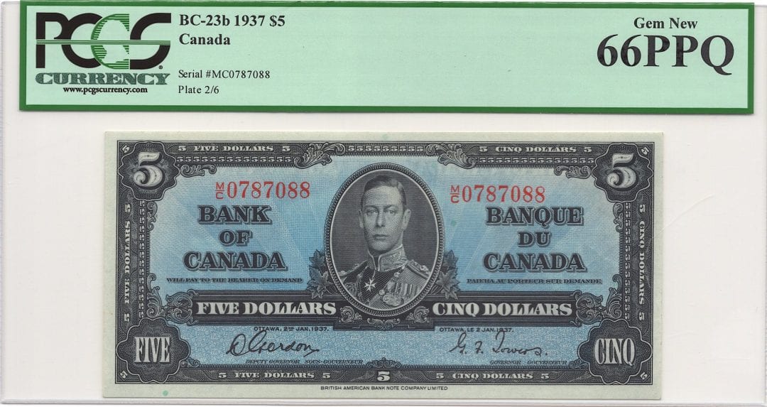 1937 Bank of Canada $5 Note Gordon - PCGS Gem UNC66 PPQ