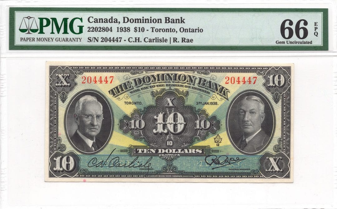1938 $10 Dominion Bank Note PMG Gem 66 EPQ