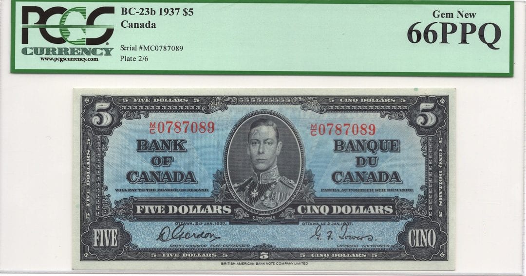 1937 Bank of Canada $5 BC-23b PCGS Gem UNC-66 PPQ