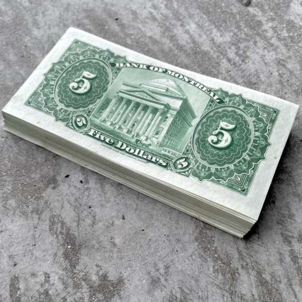 Original Fresh Bundle of 100 Bank of Montreal $5 Banknotes