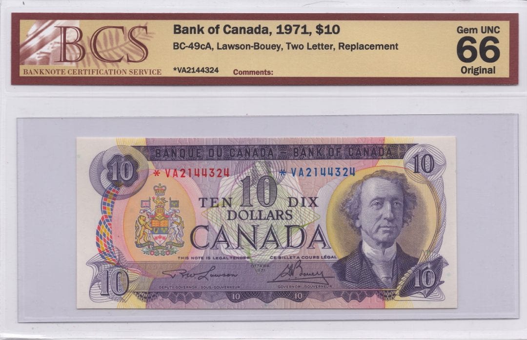 ✪ 1971 $10 Bank of Canada BC-49cA - BCS Gem 66 Original Asterisk *VA Replacement