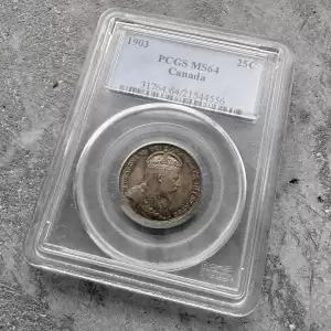 1903 Canada 25 Cents Quarter Silver Coin PCGS GEM 64 with attractive patina60 result