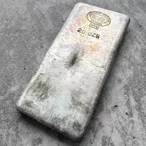 20oz.999 Silver Johnson Matthey London Poured bar Pretty Pour lines+Patina30 result
